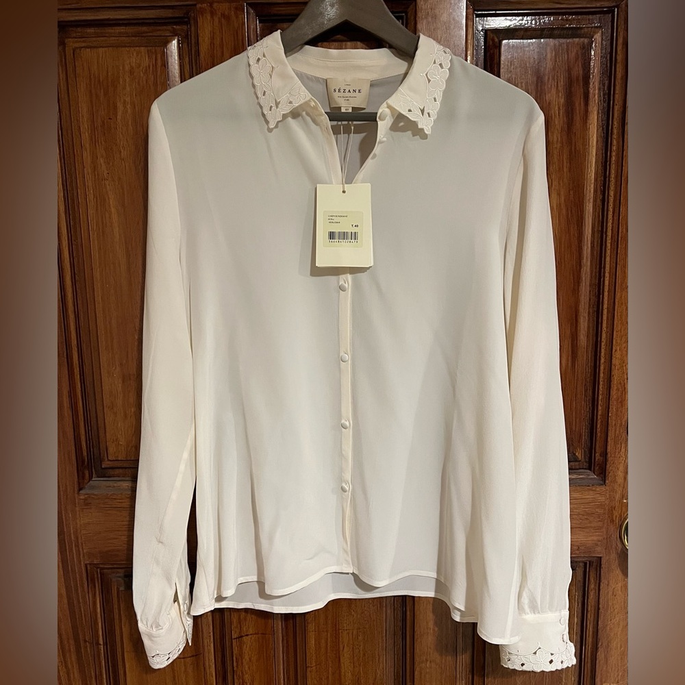 NWT Sezane Chemise Roxane Blouse -Size 40 (US M) - 100% Silk